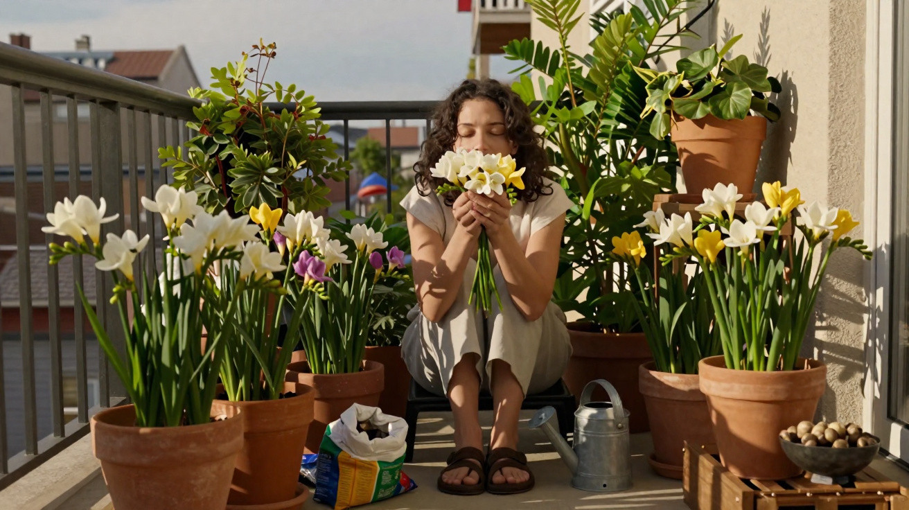 Woman sitting on balcony surrounded by potted flowers, smelling white blooms on a sunny day.