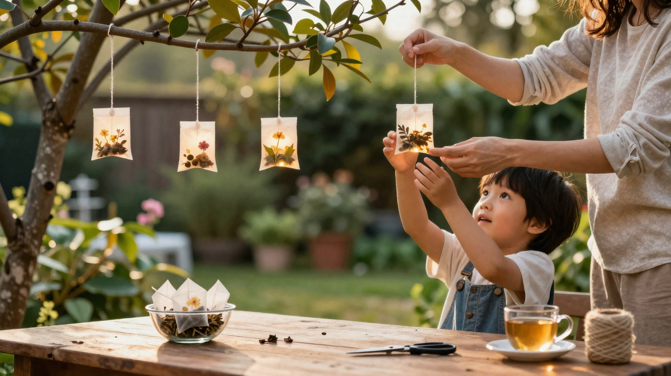 Child and adult hanging translucent bags with dried flowers from a tree branch outdoors at a wooden table.