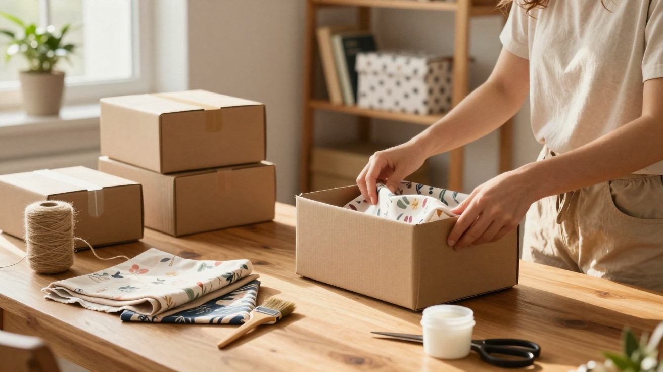 Person packing a cardboard box with patterned fabric on a wooden table surrounded by boxes and craft supplies.