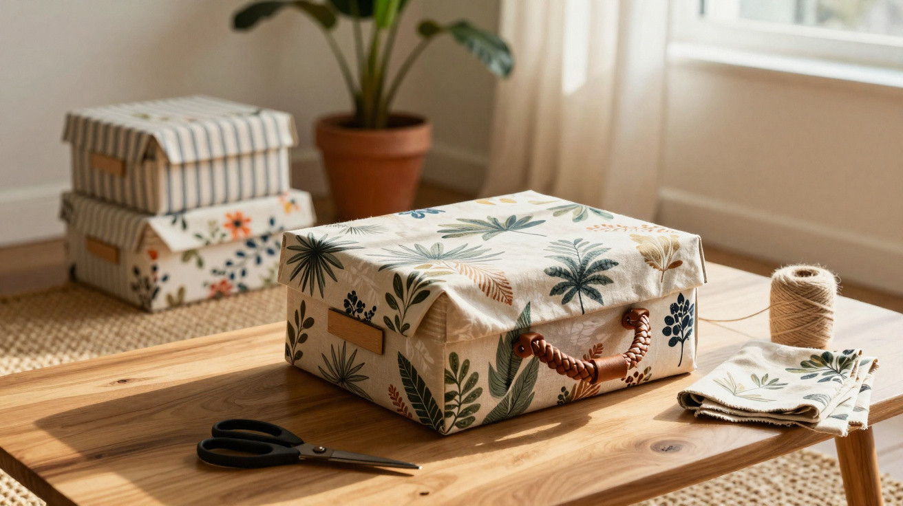 Decorative fabric-covered box with botanical print on a wooden table with scissors and twine nearby.