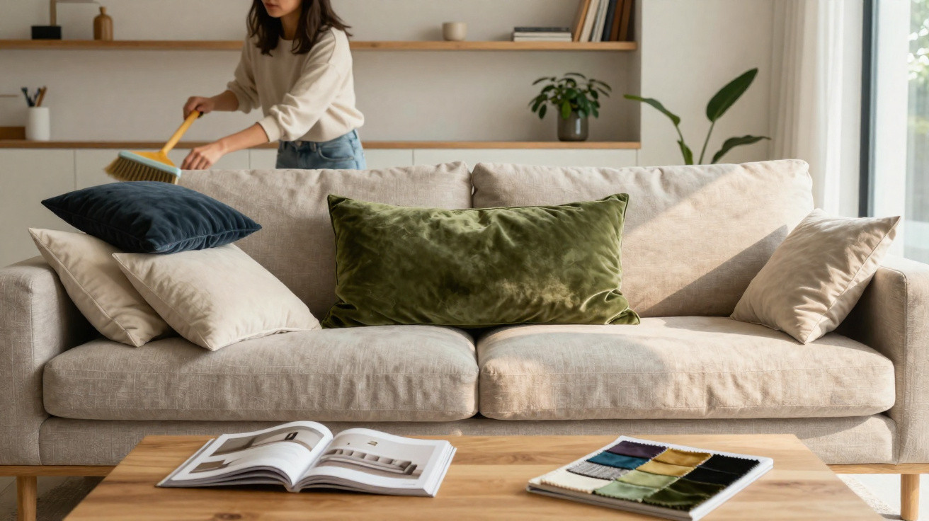 Beige sofa with multiple cushions in a living room, a woman sweeping in the background by a wooden shelf.
