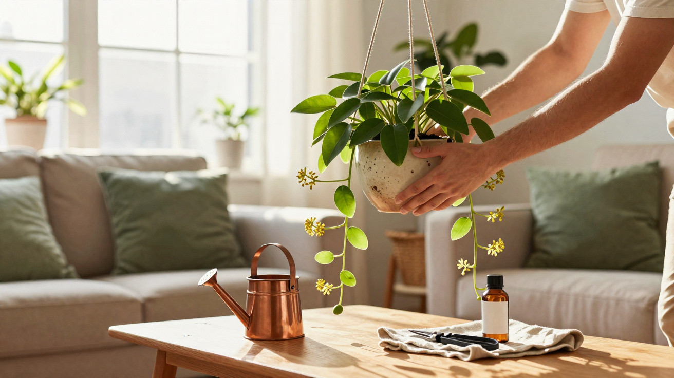 Person holding a hanging potted plant above a wooden table with a watering can and gardening tools in a bright living room.
