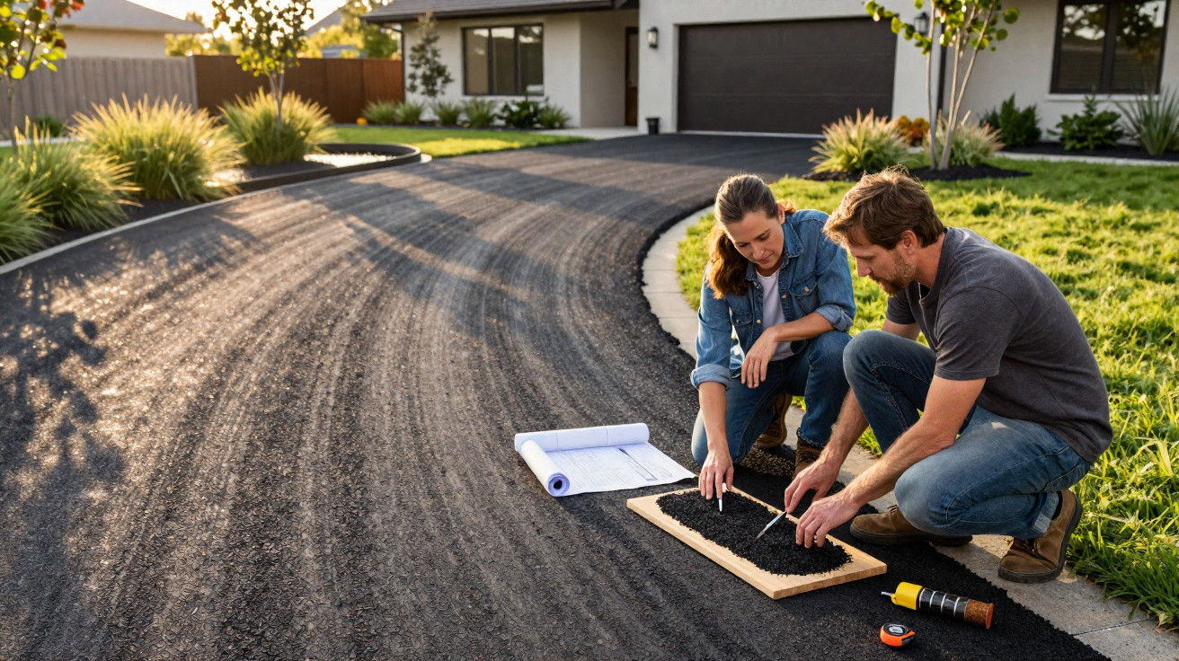 Couple examining asphalt samples and blueprints while kneeling on a driveway outside a modern house.