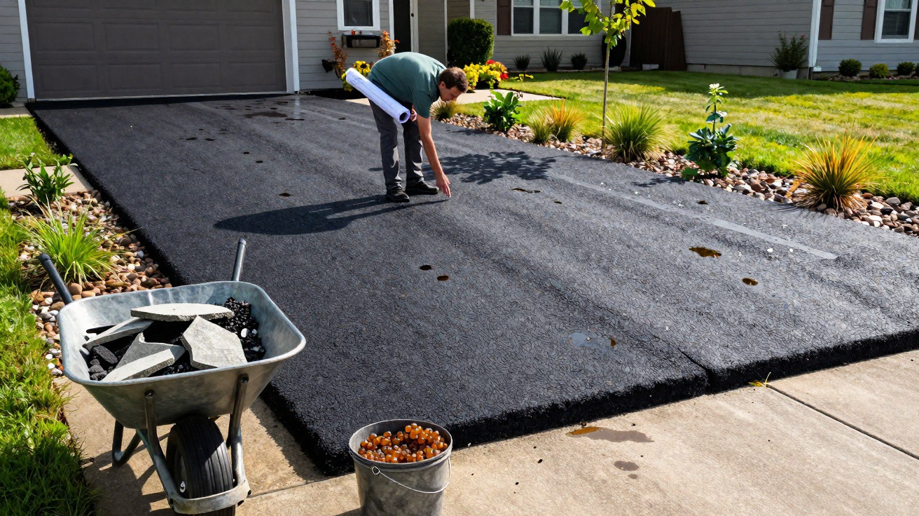 Man inspecting freshly laid asphalt driveway in front of suburban house with wheelbarrow and bucket nearby.