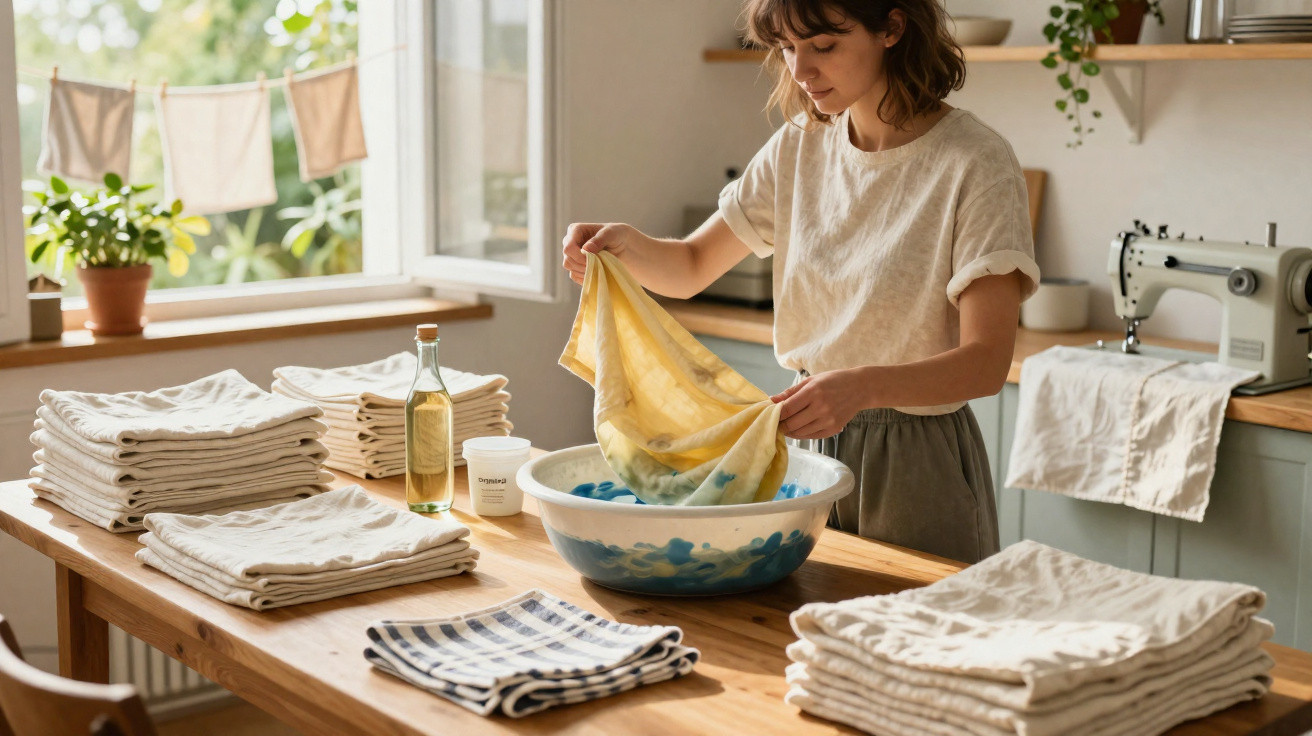 Woman dyeing fabric yellow in a bowl on a wooden table surrounded by folded cloths in a bright kitchen.