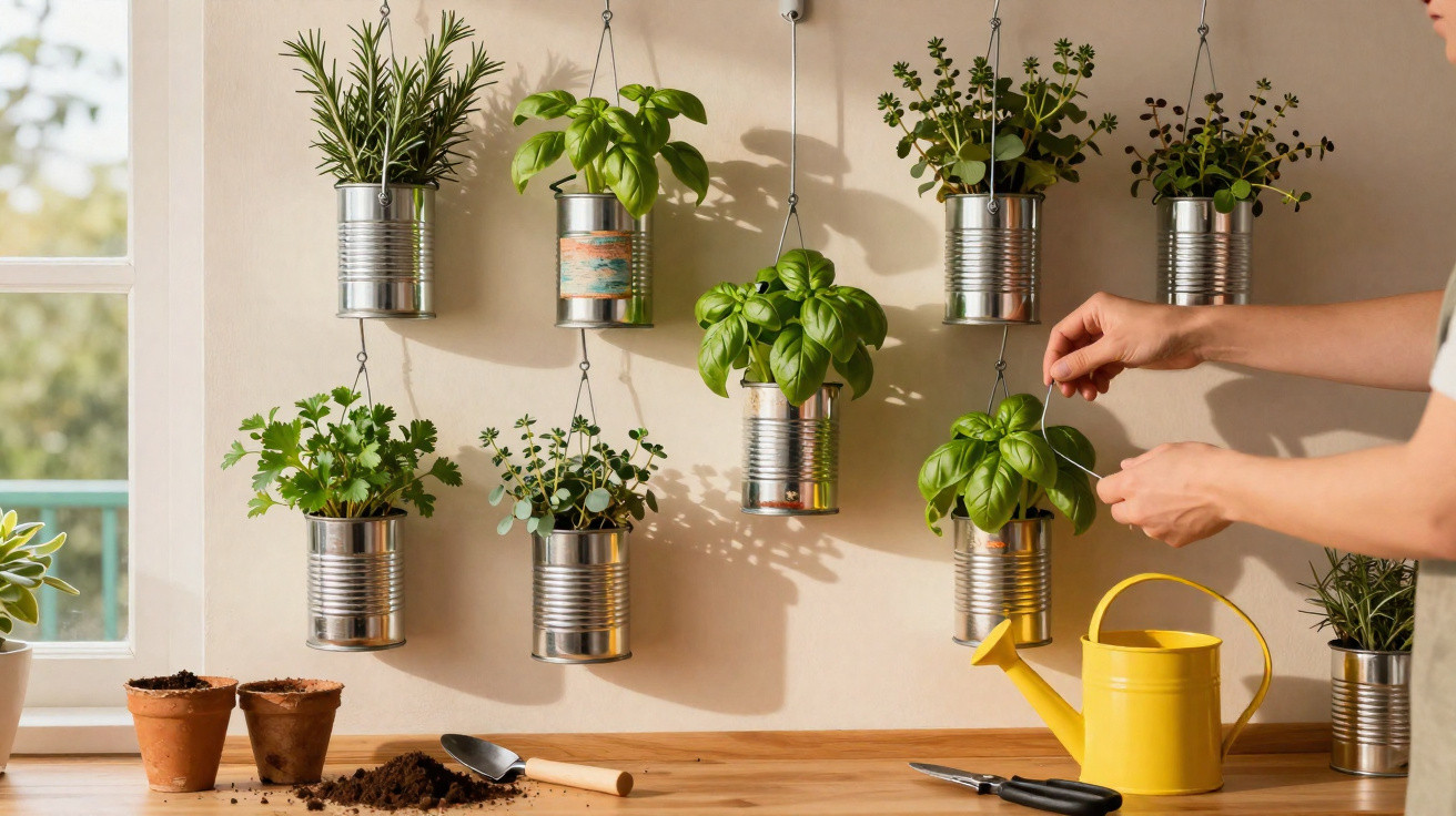 Person tending to various herbs growing in hanging tin cans on a wall by a wooden table with gardening tools.