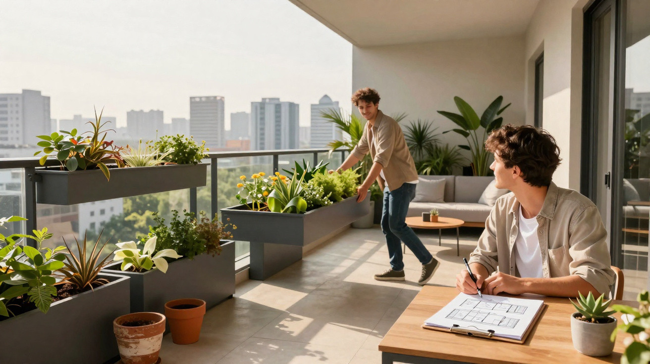 Two young men on a balcony with urban skyline, one writing and the other tending to plants in raised garden beds.