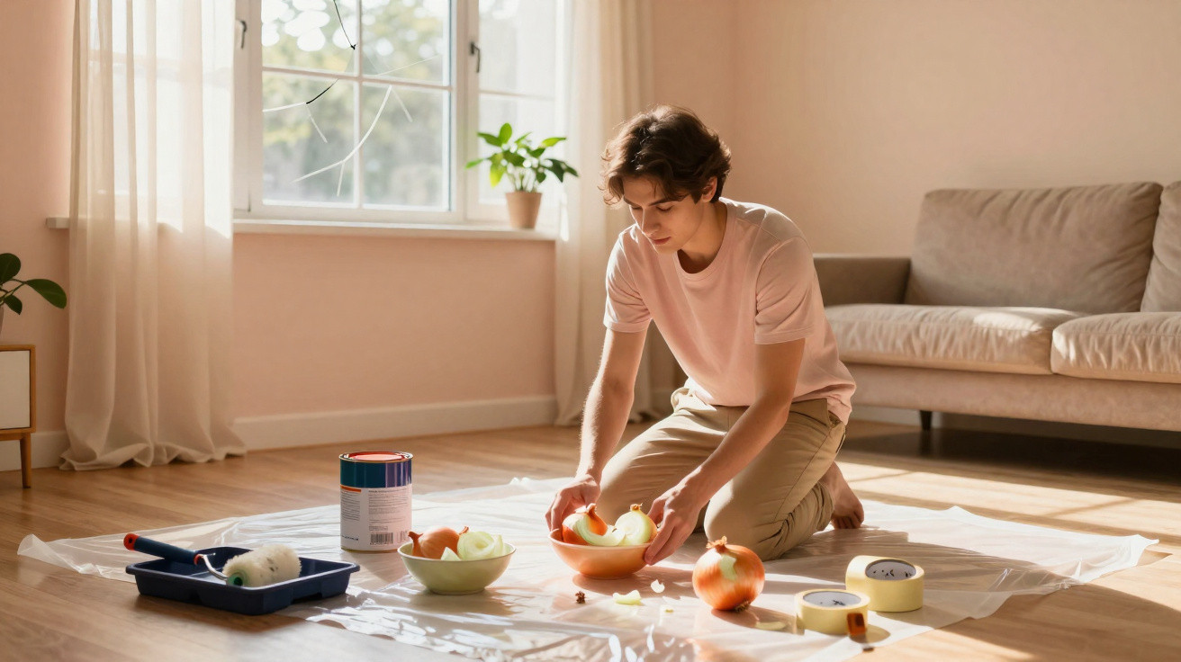 Young man peeling onions while sitting on the floor in a bright living room with paint supplies nearby