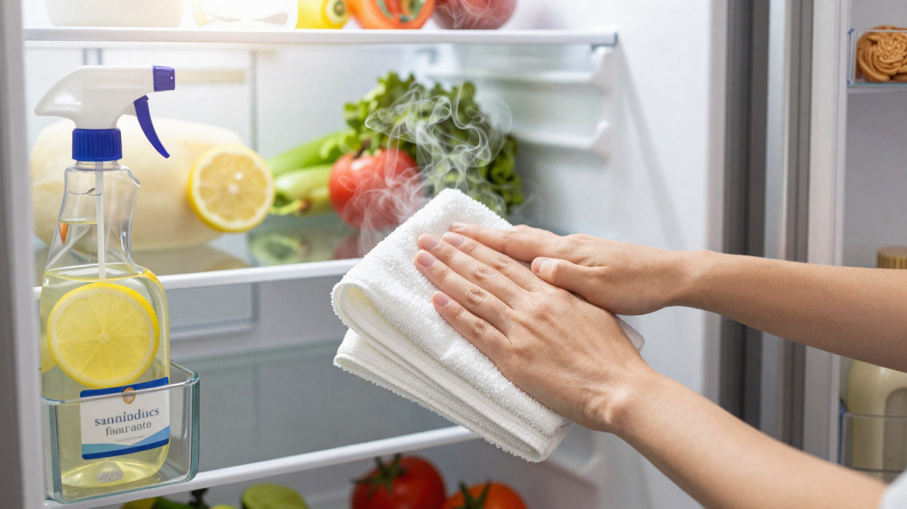 Hands wiping a steaming white cloth inside a clean fridge with fresh vegetables and lemon cleaner bottle visible.