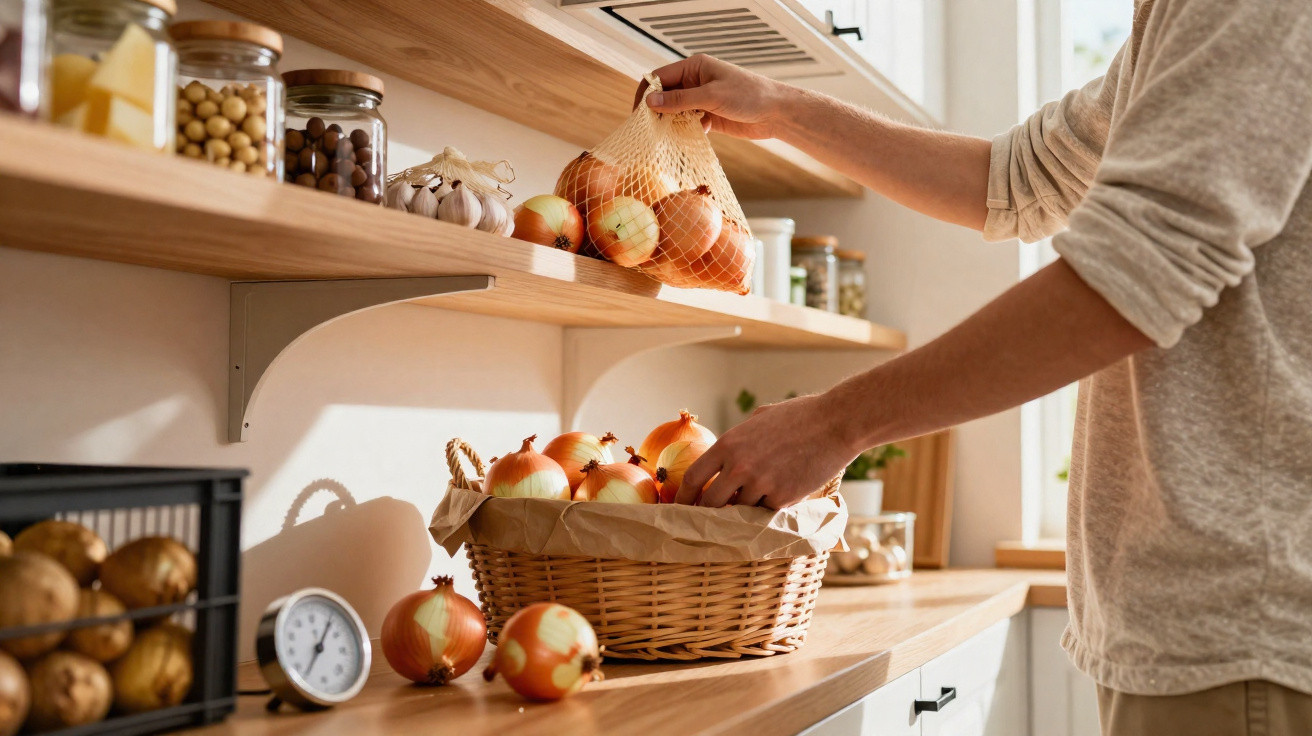 Person placing a net bag of onions on a kitchen shelf above a basket of onions on a wooden countertop.