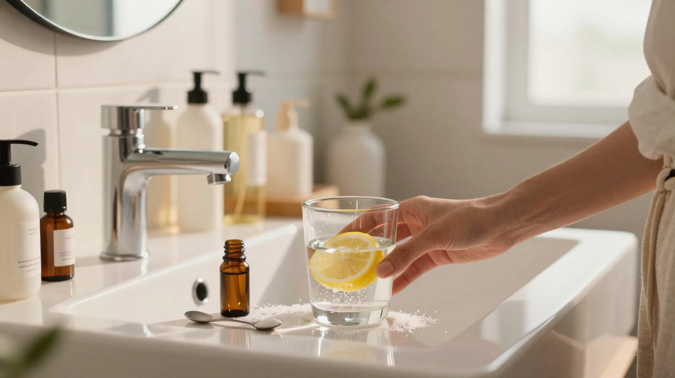 Hand holding glass of water with lemon slice over bathroom sink with medicine bottle and powder nearby.