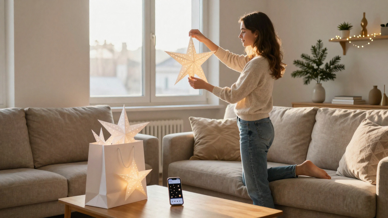 Woman decorating living room with glowing star-shaped lights by a window at dusk
