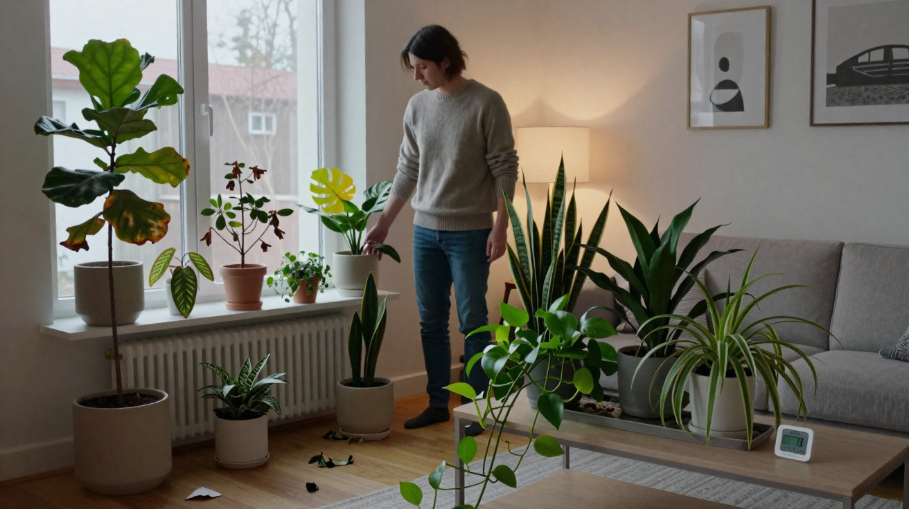 Person tending to various houseplants in a bright living room with a sofa, lamp, and framed wall art.