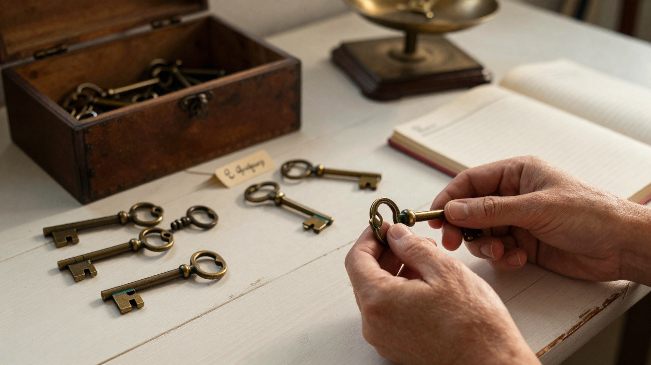 Hands holding an antique brass key over a white wooden table with several similar keys and an open wooden box.