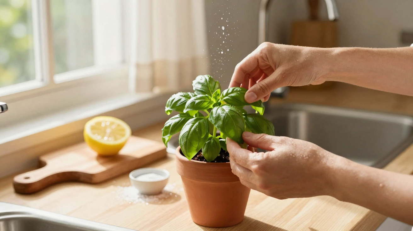 Hands tending to a healthy basil plant in a terracotta pot on a kitchen windowsill with lemon and salt nearby.
