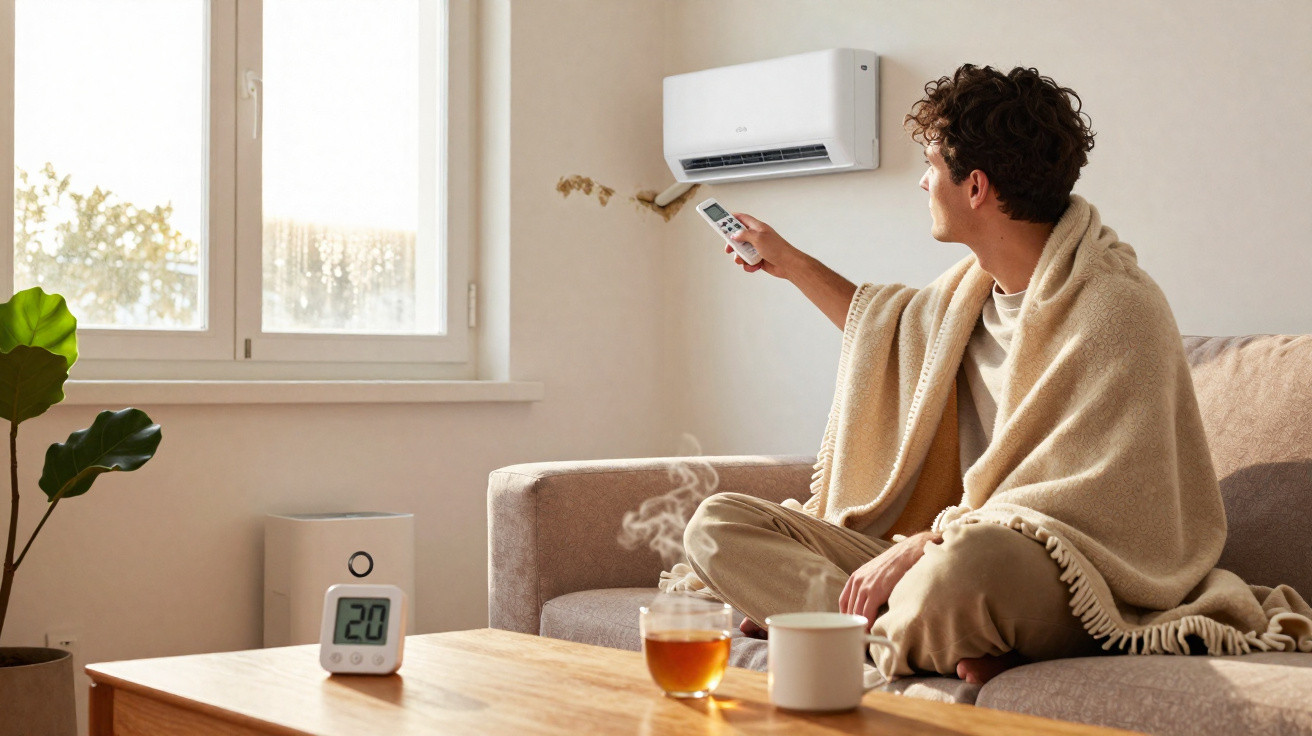 Person wrapped in a blanket using a remote to adjust an air conditioner in a cosy living room with a hot drink on the table.