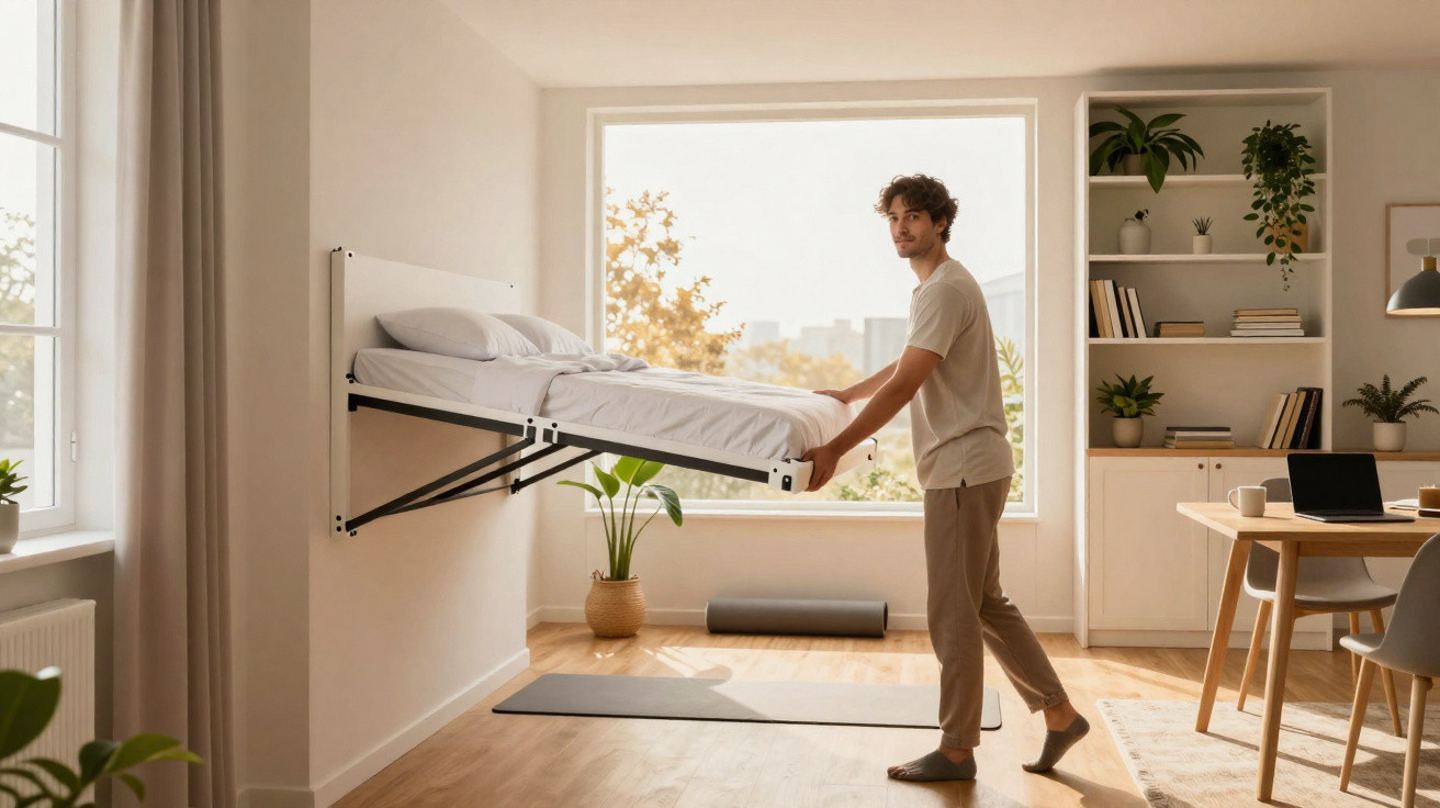 Man folding down a wall-mounted bed in a bright, modern room with plants, desk, and shelves.