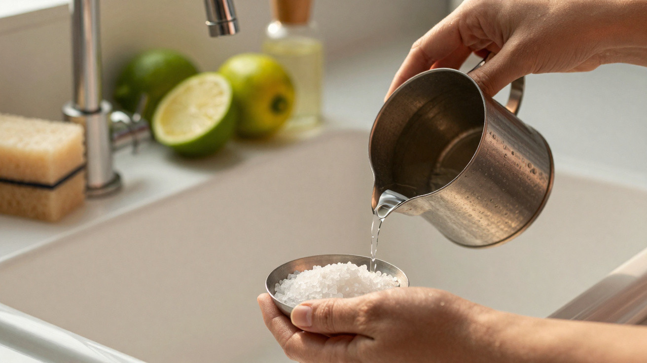 Hands pouring water from a metal jug onto coarse salt held in a small metal bowl over a kitchen sink.