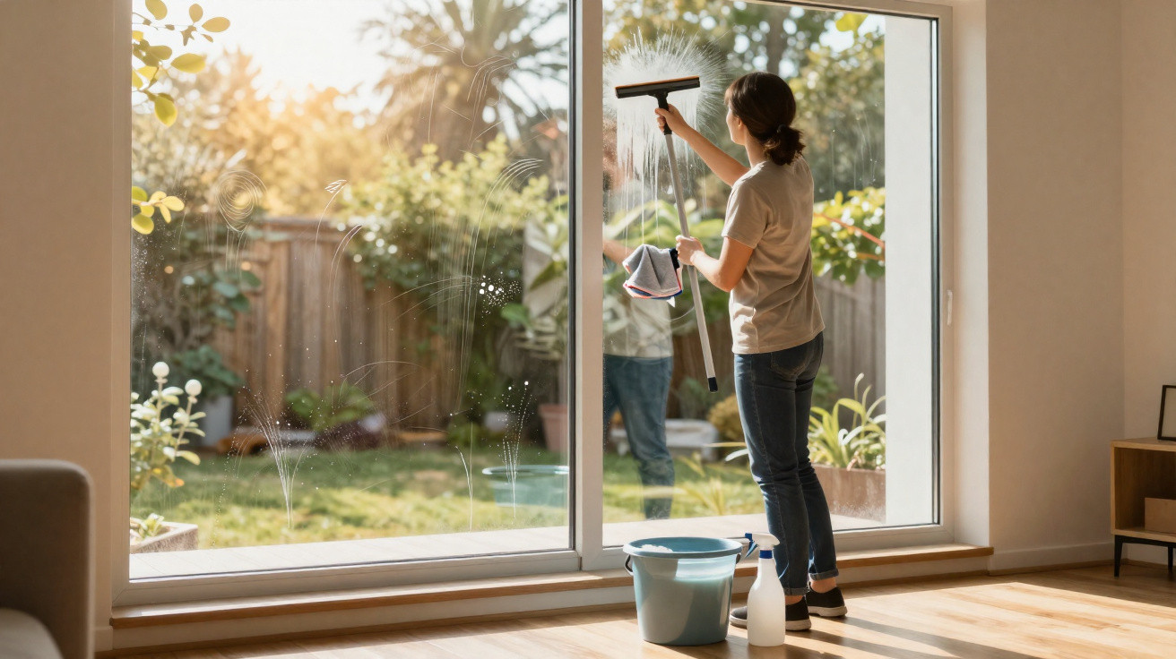 Woman cleaning large glass sliding door with squeegee and cloth in bright home overlooking garden.