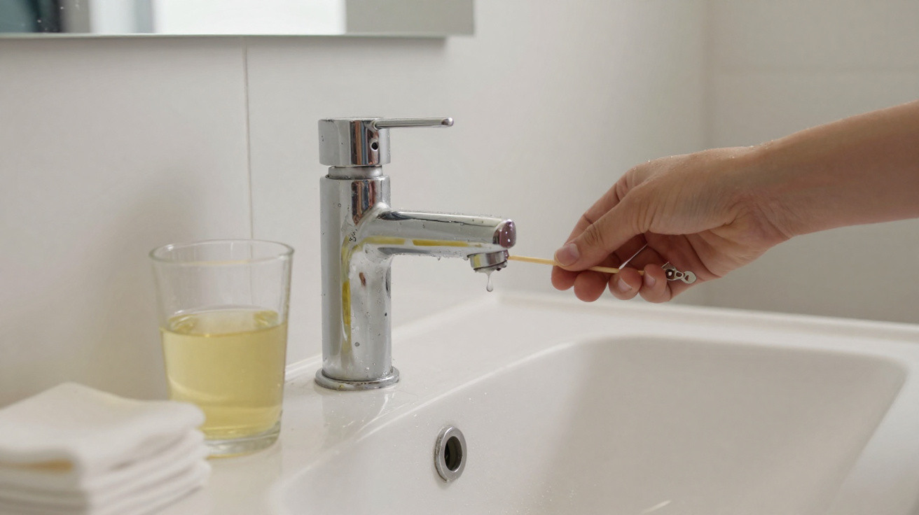 Hand holding a toothpick under a running tap over a white sink with a glass and folded towels nearby.