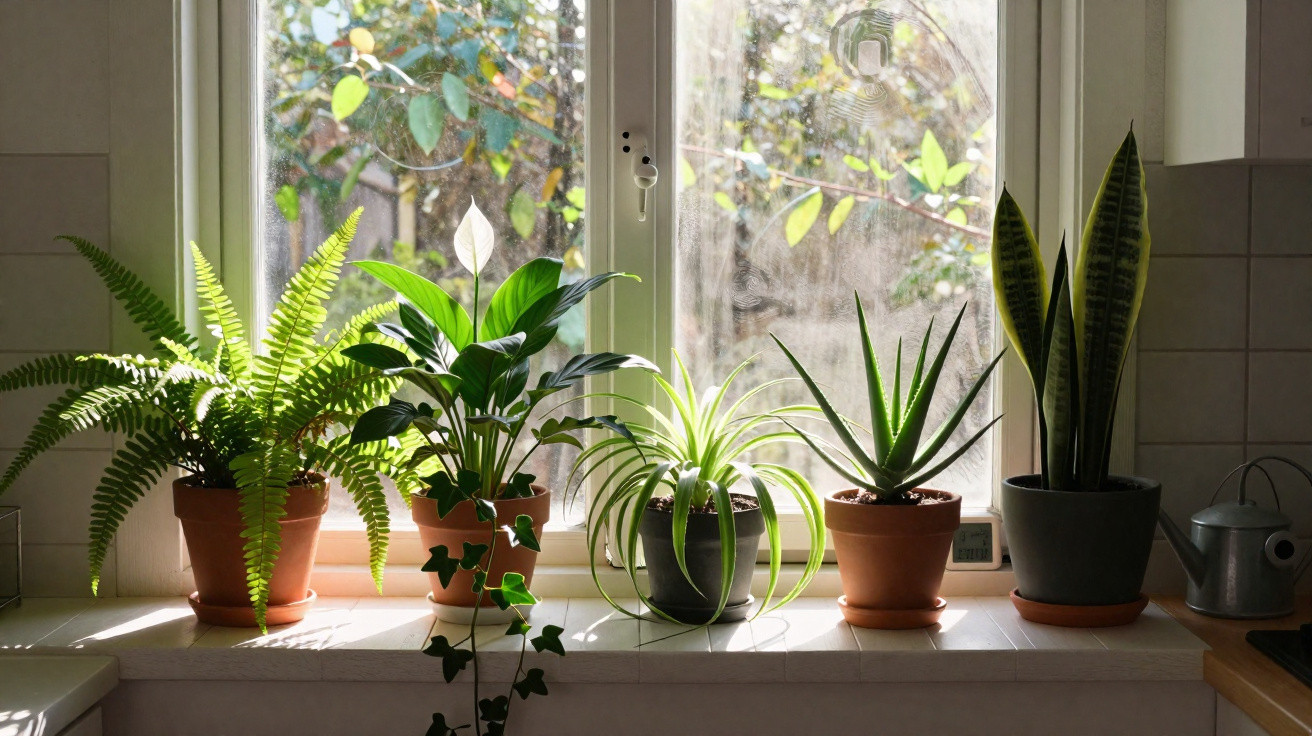 Five potted houseplants on a sunlit windowsill with a watering can to the side and leafy trees outside.