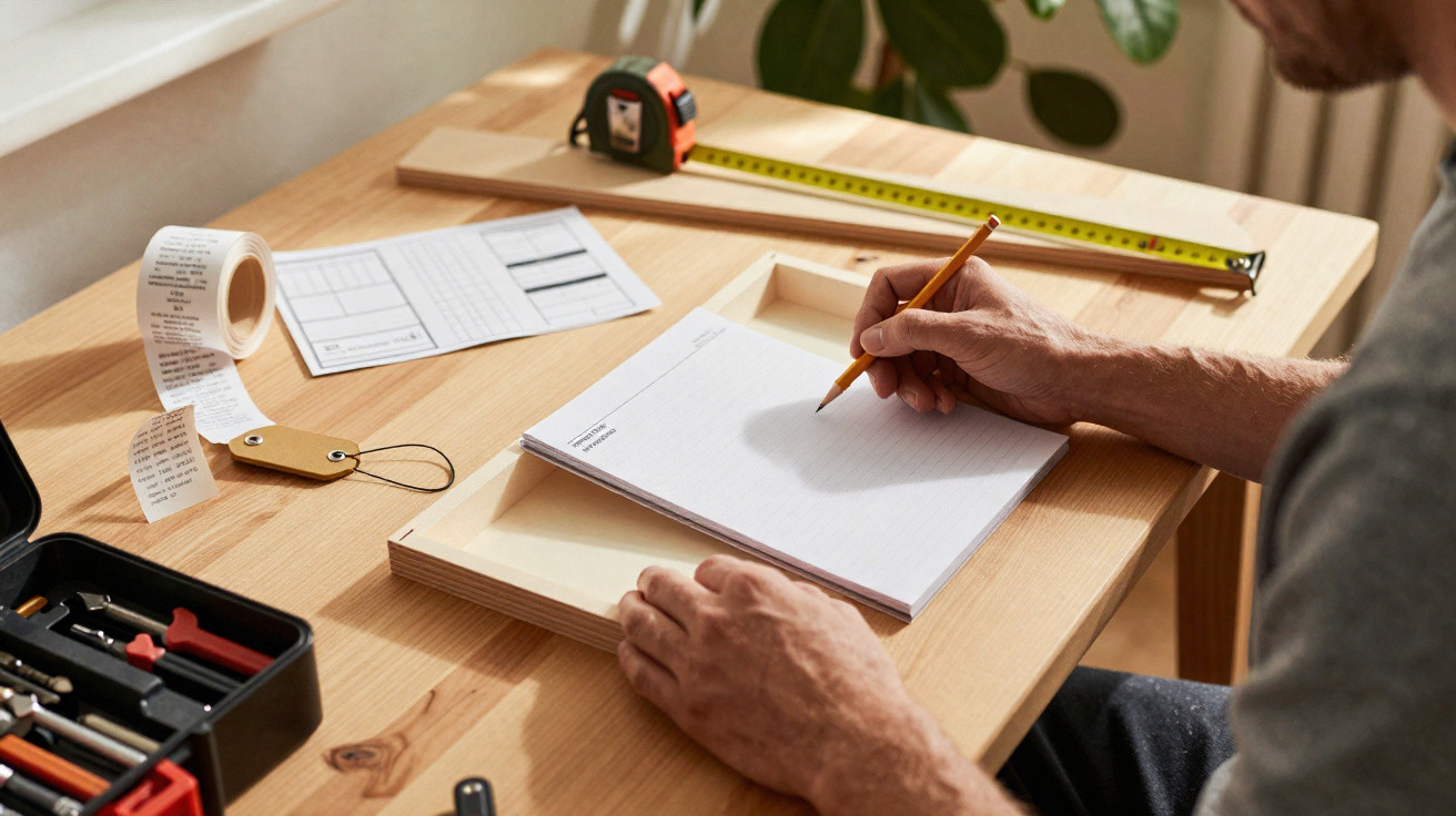 Person writing on a notepad at a wooden desk with a tape measure and toolkit nearby.