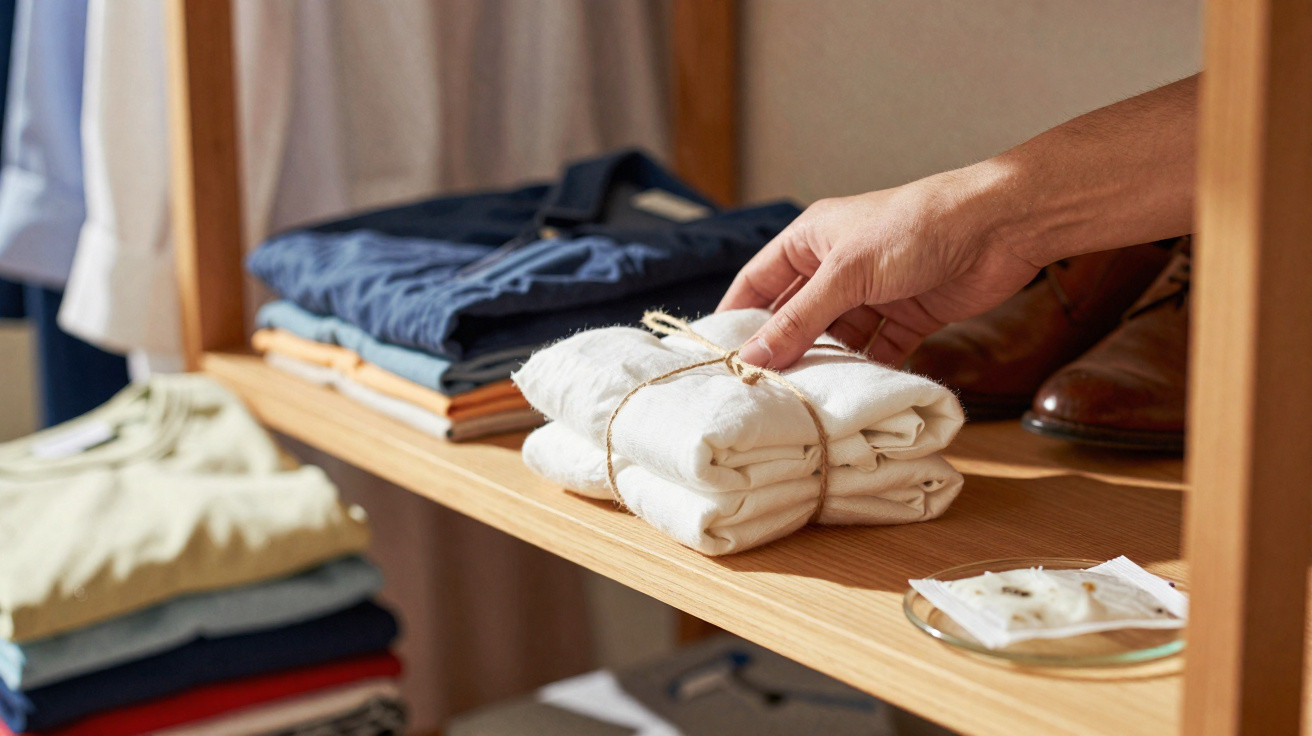 Hand picking up neatly folded white clothes tied with string from a wooden shelf with other folded garments.