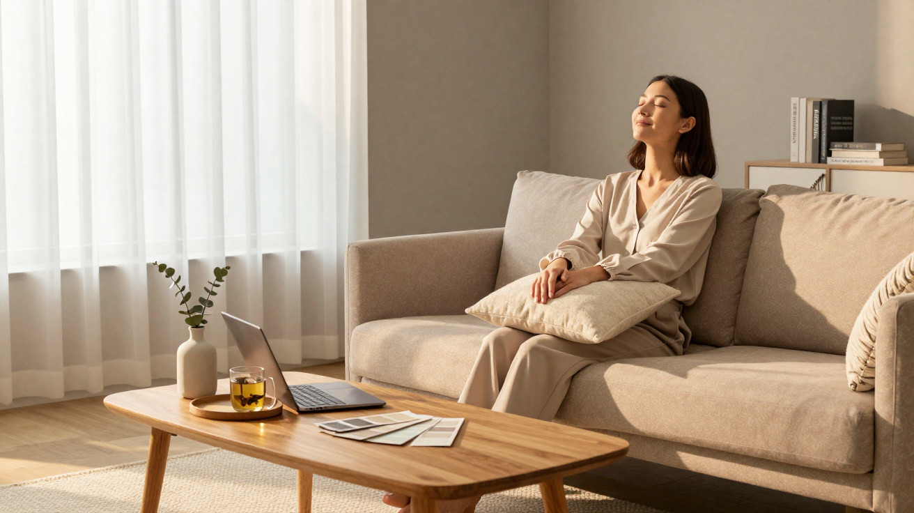 Woman sitting on beige sofa with closed eyes, holding cushion in sunlit living room with wooden table.