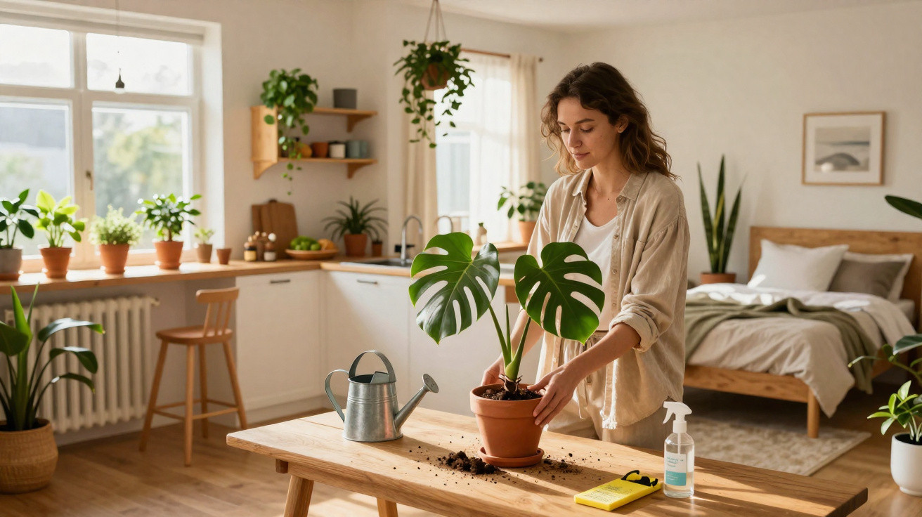 Woman caring for a large potted plant on a wooden table in a bright, plant-filled bedroom.