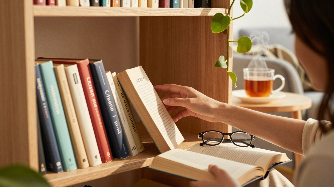 Person reaching for a book on a wooden shelf with glasses on the desk and a steaming cup of tea nearby.
