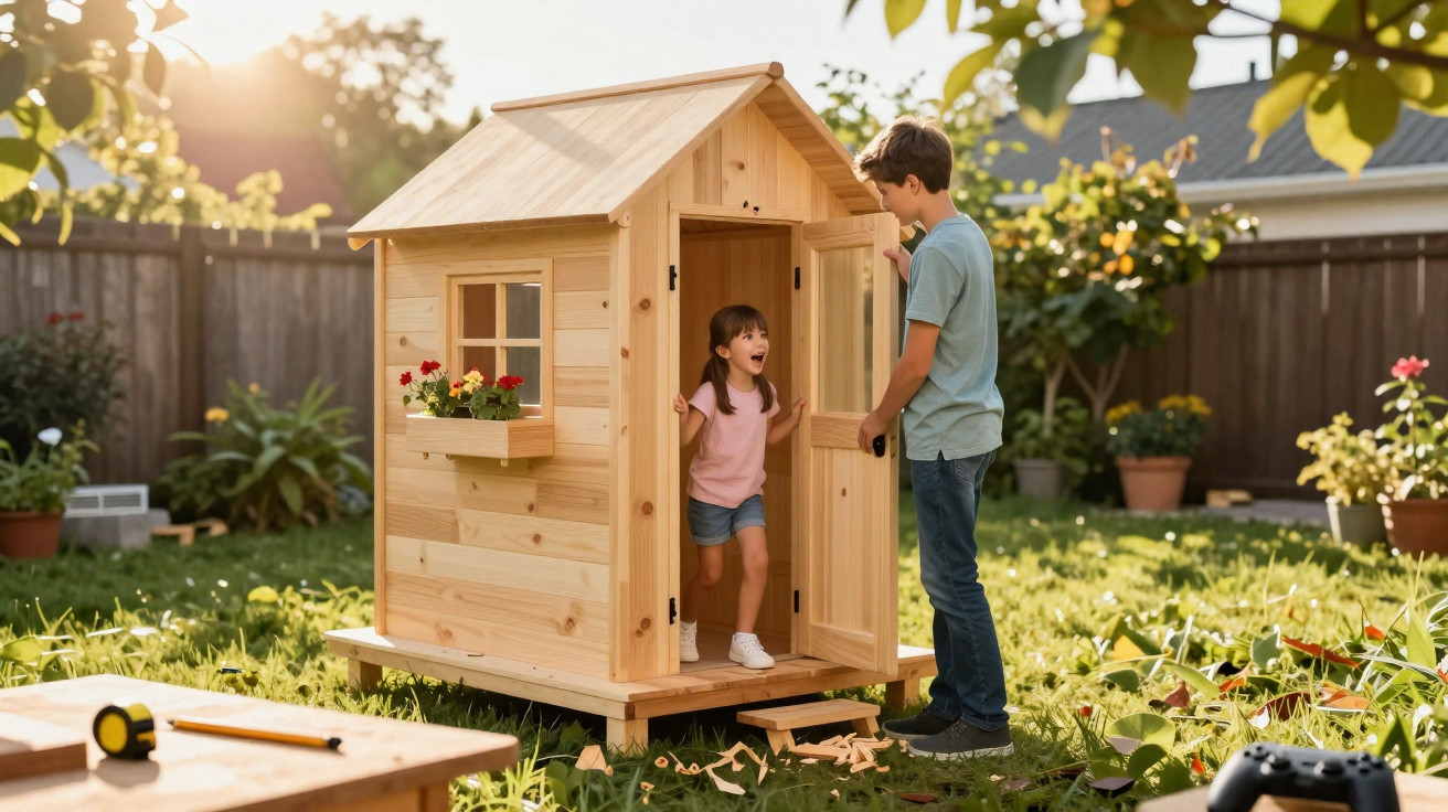 Boy opening wooden playhouse door for smiling girl in sunny garden surrounded by plants and tools