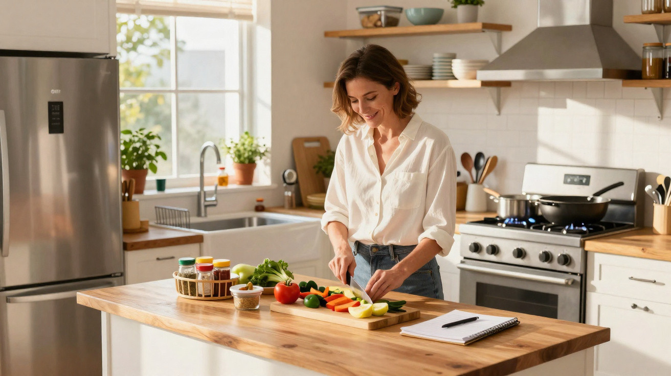 Woman in white shirt chopping vegetables on wooden island in bright modern kitchen with gas stove and fridge