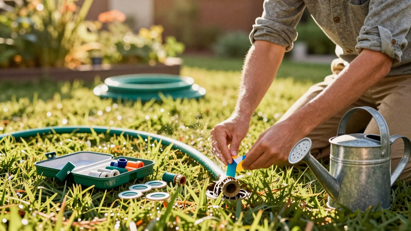 Person repairing garden irrigation system with hose, tools, and watering can on grass lawn.