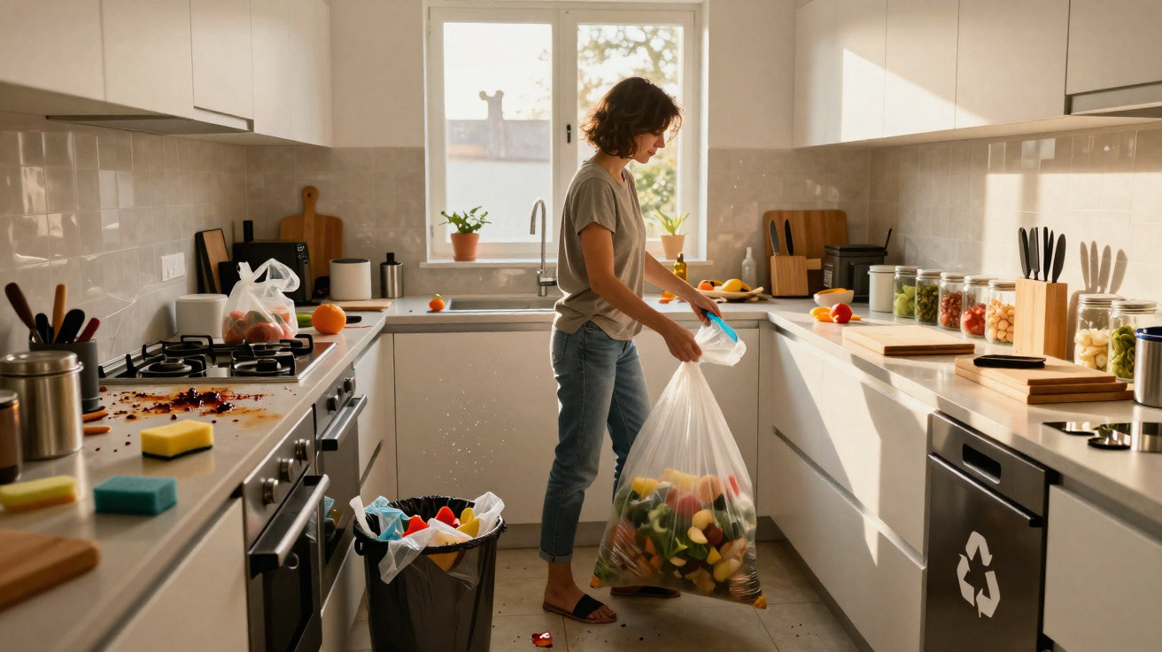 Woman emptying a large bag of kitchen food waste into a bin in a modern kitchen at daylight.