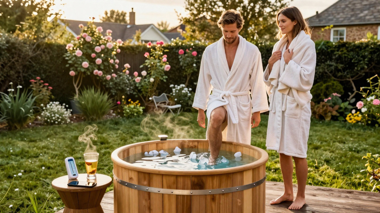 Man in bathrobe stepping into steaming wooden hot tub while woman watches in garden at sunset