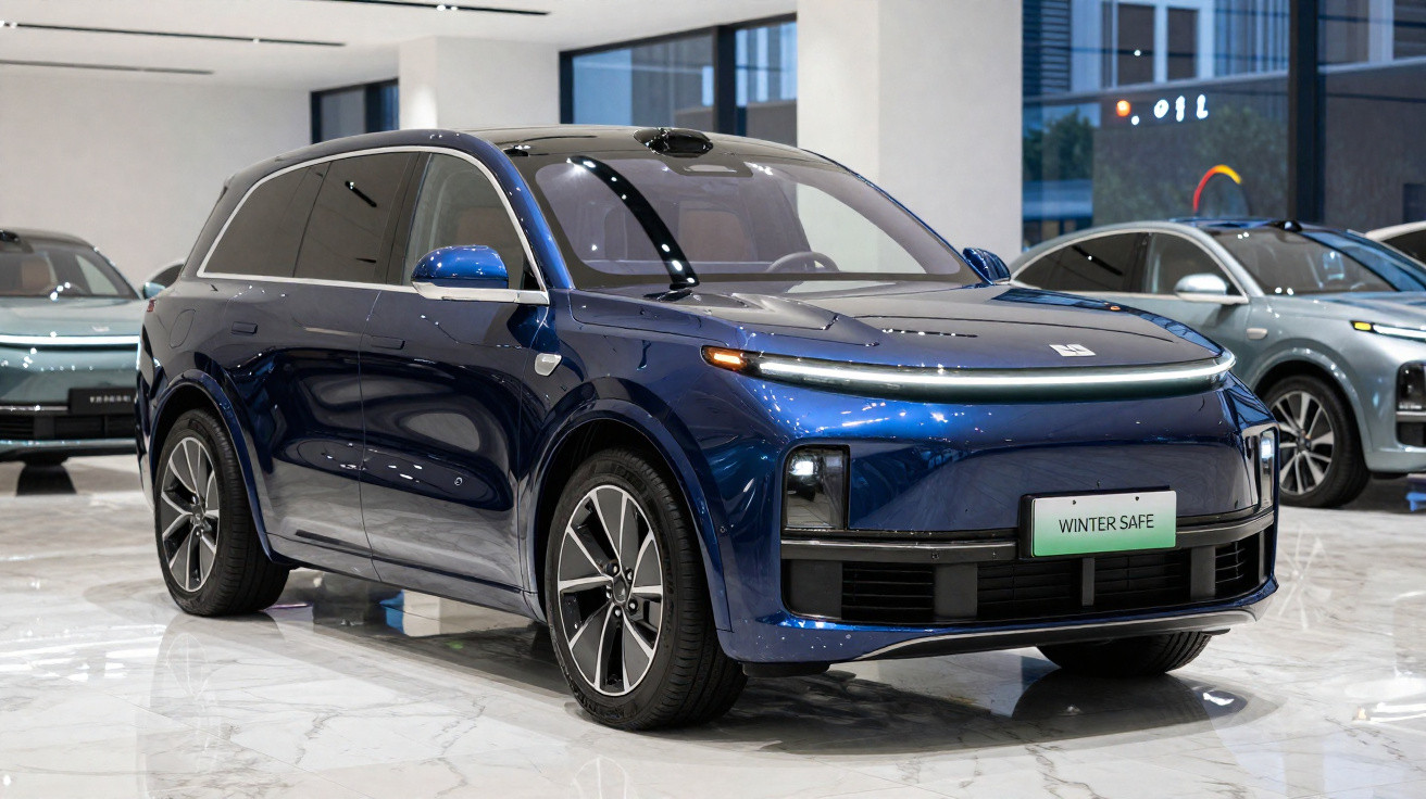 Blue modern electric SUV with sleek design displayed indoors on a glossy floor with "Winter Safe" plate.