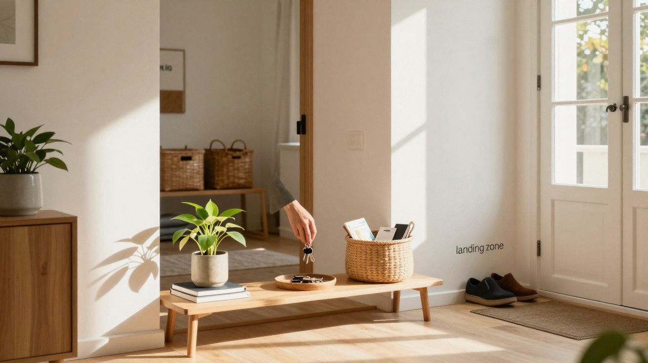 Person placing keys on a wooden tray on a low bench in a sunlit entrance hall with plants and wicker baskets.