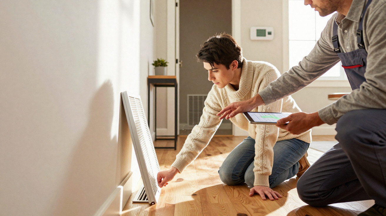 Technician explaining a heating panel to a kneeling boy inside a modern home.