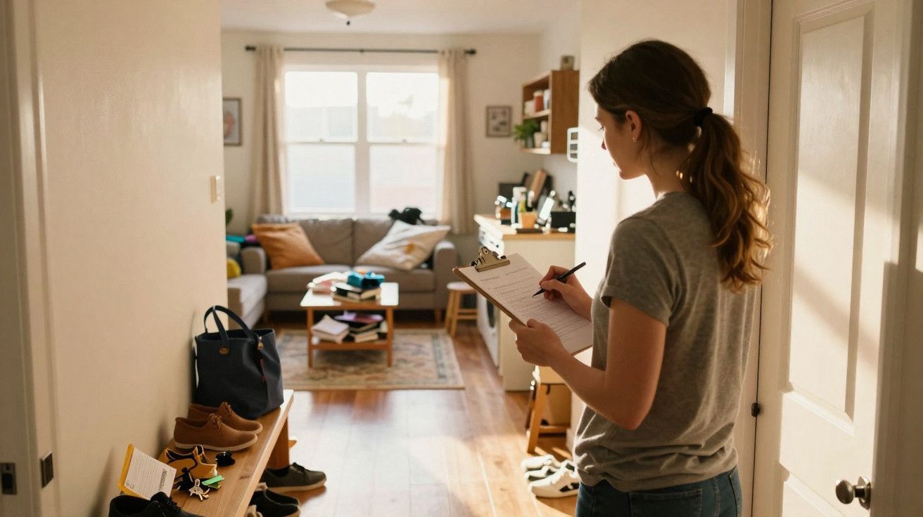 Woman standing in hallway writing on clipboard with living room and shoes visible in background.