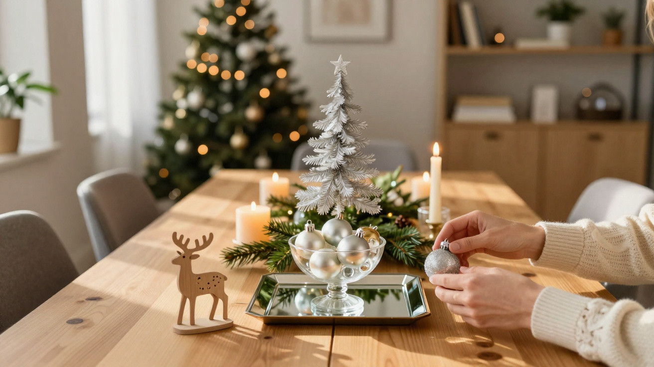 Hands decorating a Christmas table with silver baubles, a small white tree, candles, and a wooden reindeer ornament.