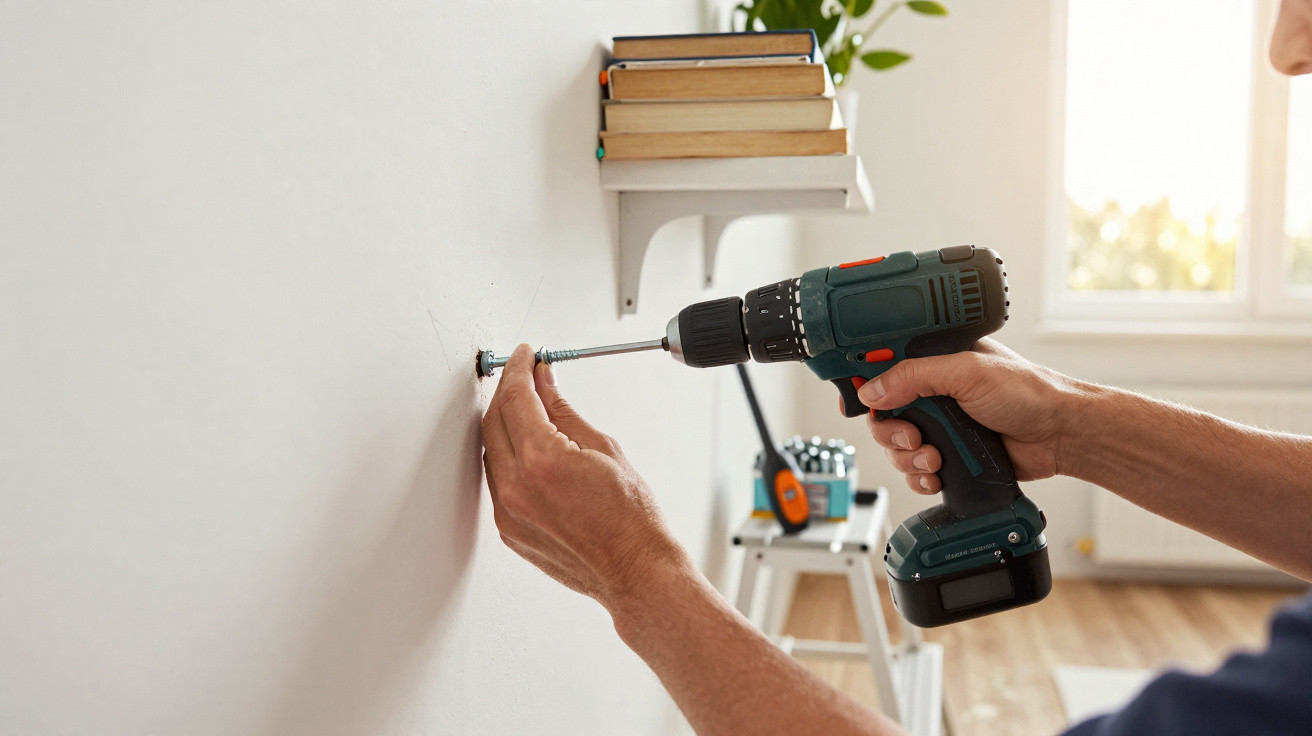 Person using a cordless drill to screw a bolt into a white wall in a bright room with a shelf and books.