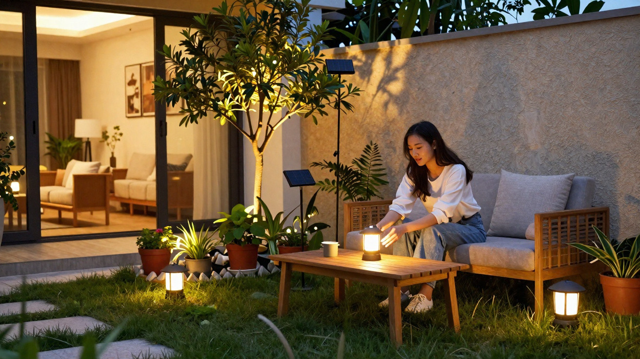 Woman sitting on a wooden garden sofa lighting a lantern on a table, surrounded by potted plants in the evening.