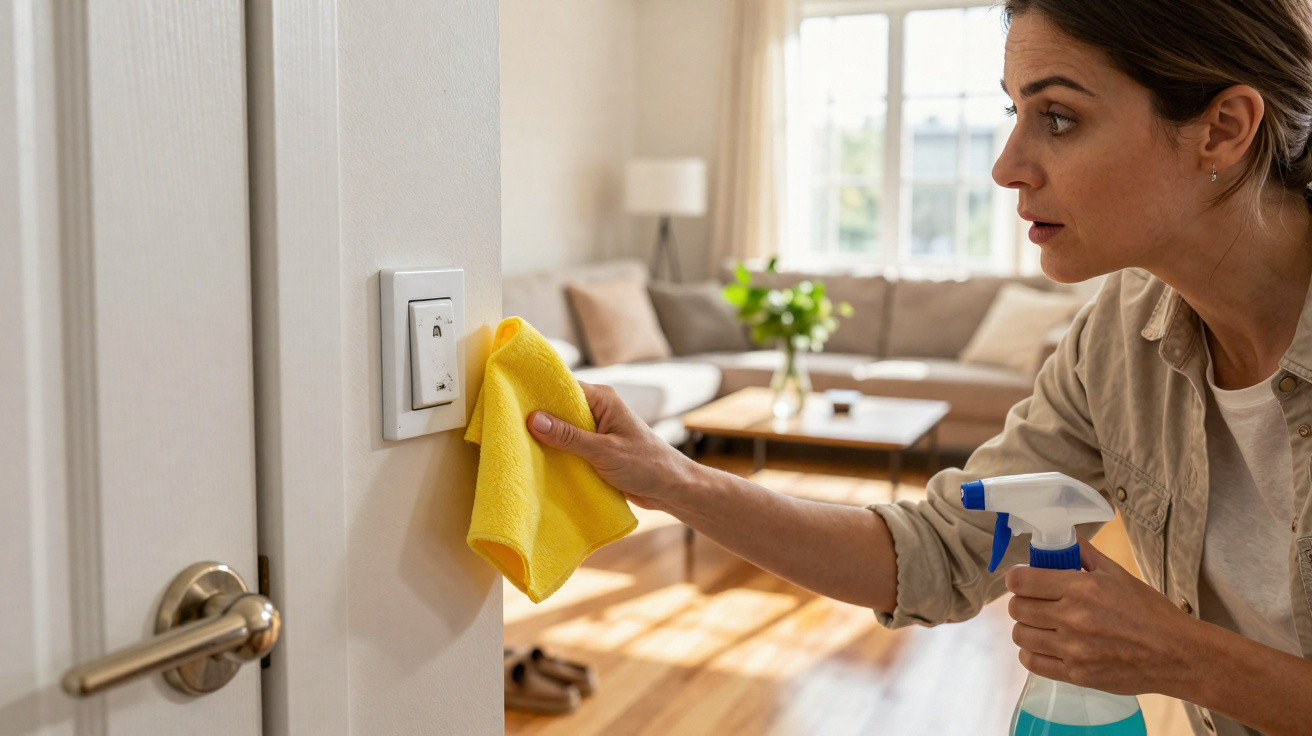 Woman cleaning a light switch with a yellow cloth and spray bottle in a bright living room.