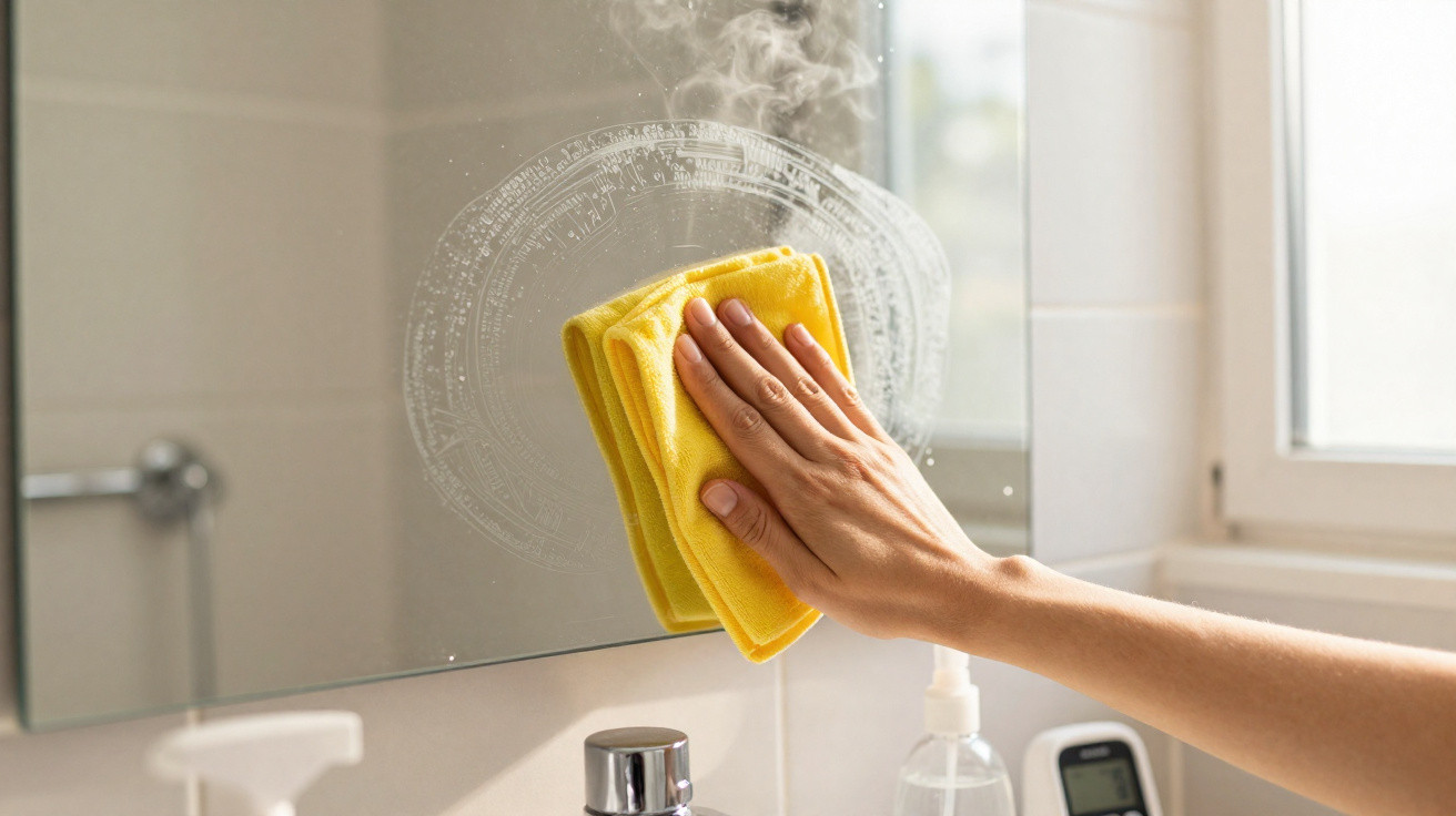 Hand wiping a steamy bathroom mirror with a yellow cloth near a sink and window.