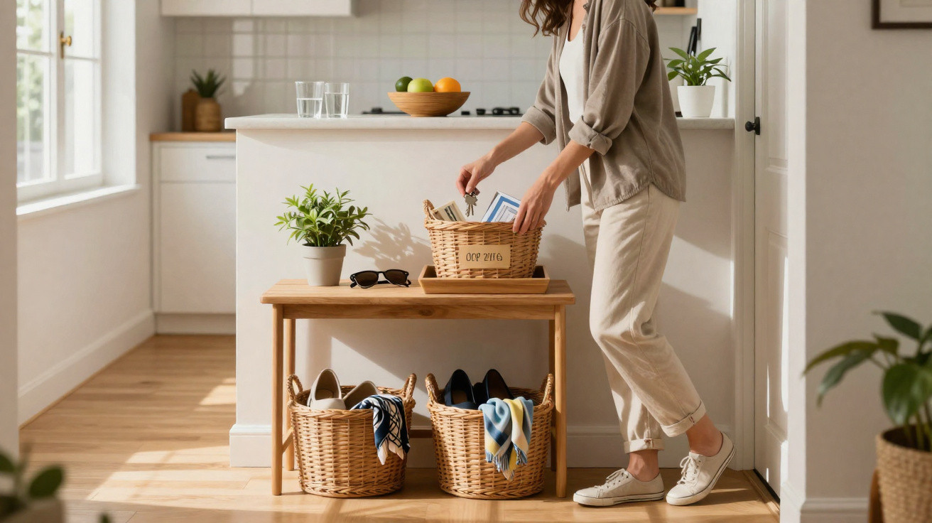 Person organising wicker baskets on wooden bench in a bright, minimalist home hallway with plants and natural light.