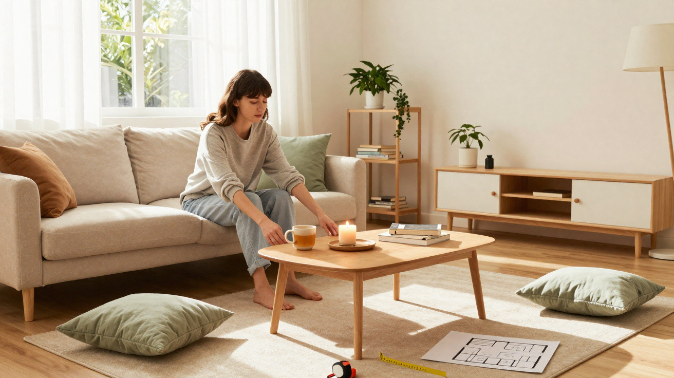 Woman sitting on a beige sofa in a bright living room, placing a candle on a wooden coffee table.