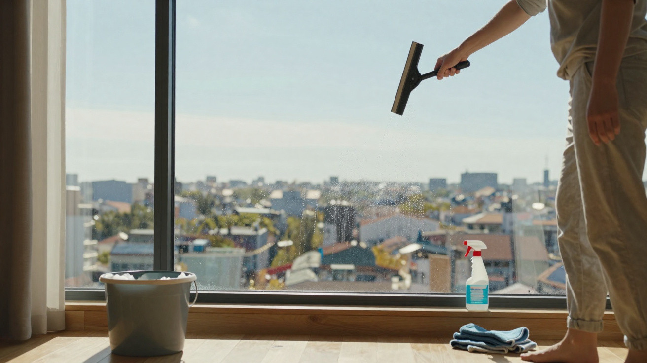 Person cleaning a large window with a squeegee overlooking a cityscape, with a bucket and spray bottle nearby.