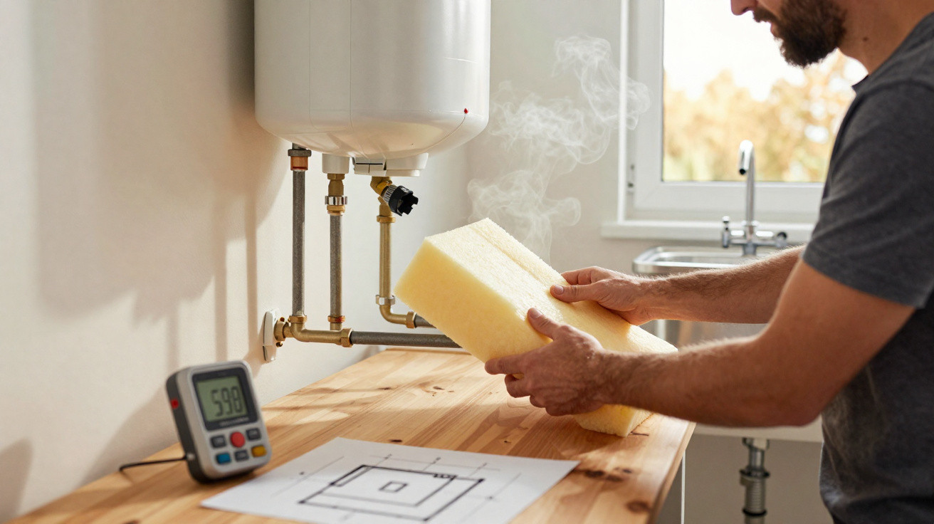 Man holding a steaming yellow sponge near a boiler with a temperature monitor on a wooden counter.