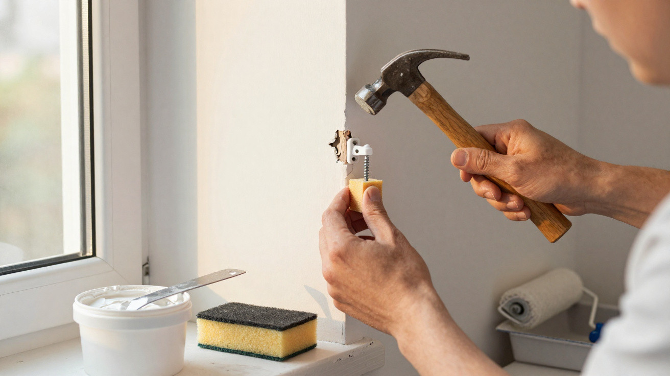 Person using a hammer and wall anchor to fix a hole in a white wall near a window with painting supplies nearby.