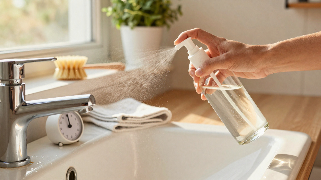 Hand spraying clear liquid from a pump bottle over a white bathroom sink with a silver tap.